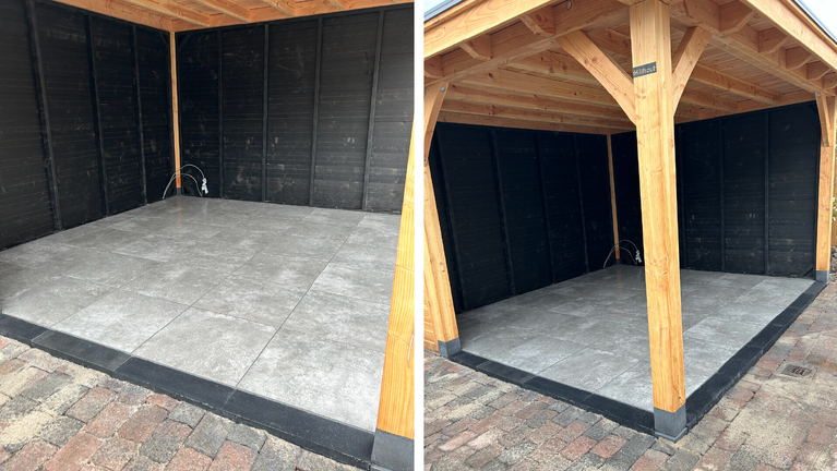 Overkapping en bestrating bij woning in Gorredijk